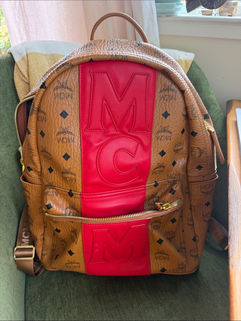 MCM Cognac Backpack with Red Center Panel